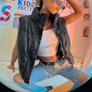 PU Leather Funnel Neck Puffer Vest Jacket